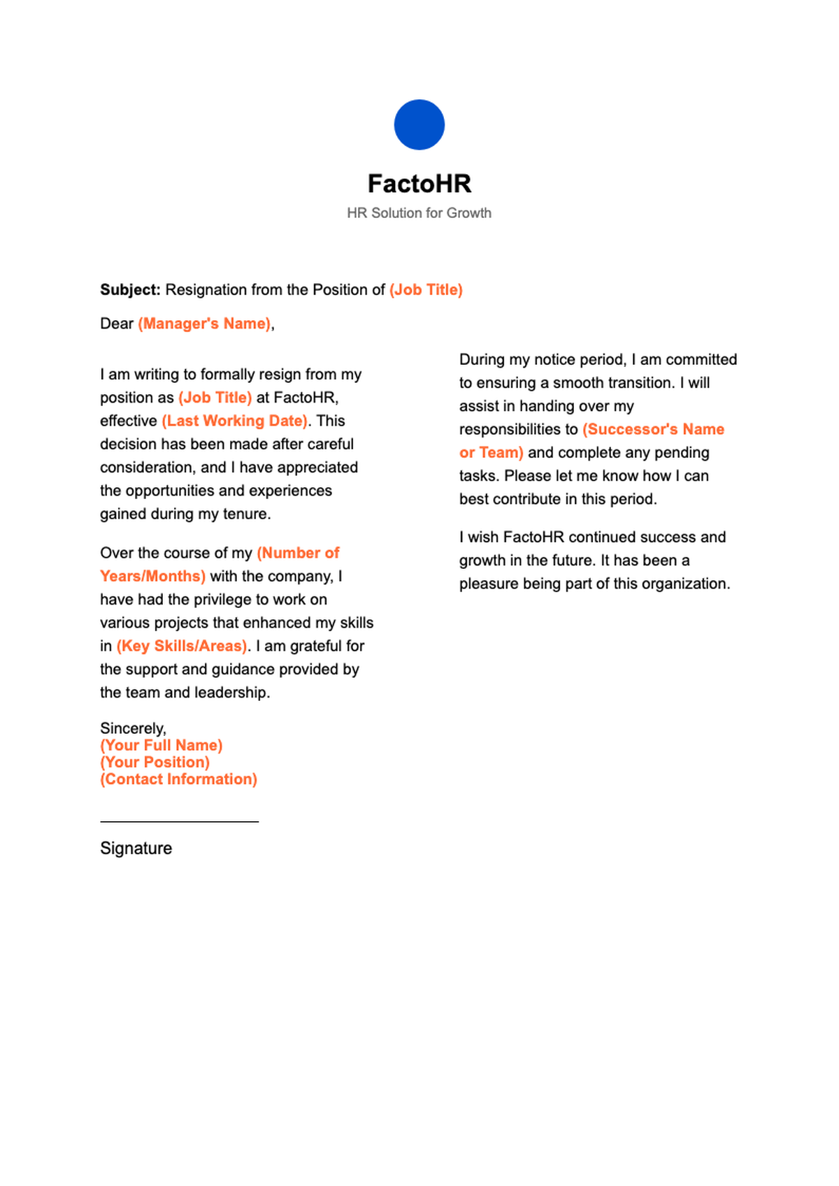 FactoHR branded resignation letter template with placeholder fields_variant_1